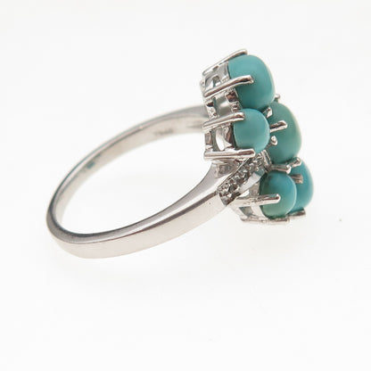 925 Sterling Silver Real Turquoise & White Topaz Floral Ring Size 8