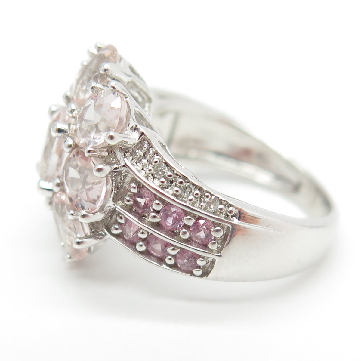 925 Sterling Silver Real Diamond Pink Sapphire & Morganite Cluster Ring Size 5