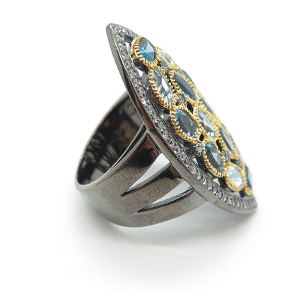 DSMK 925 Sterling White Blue & London Topaz Oxidized Statement Ring Size 6.25