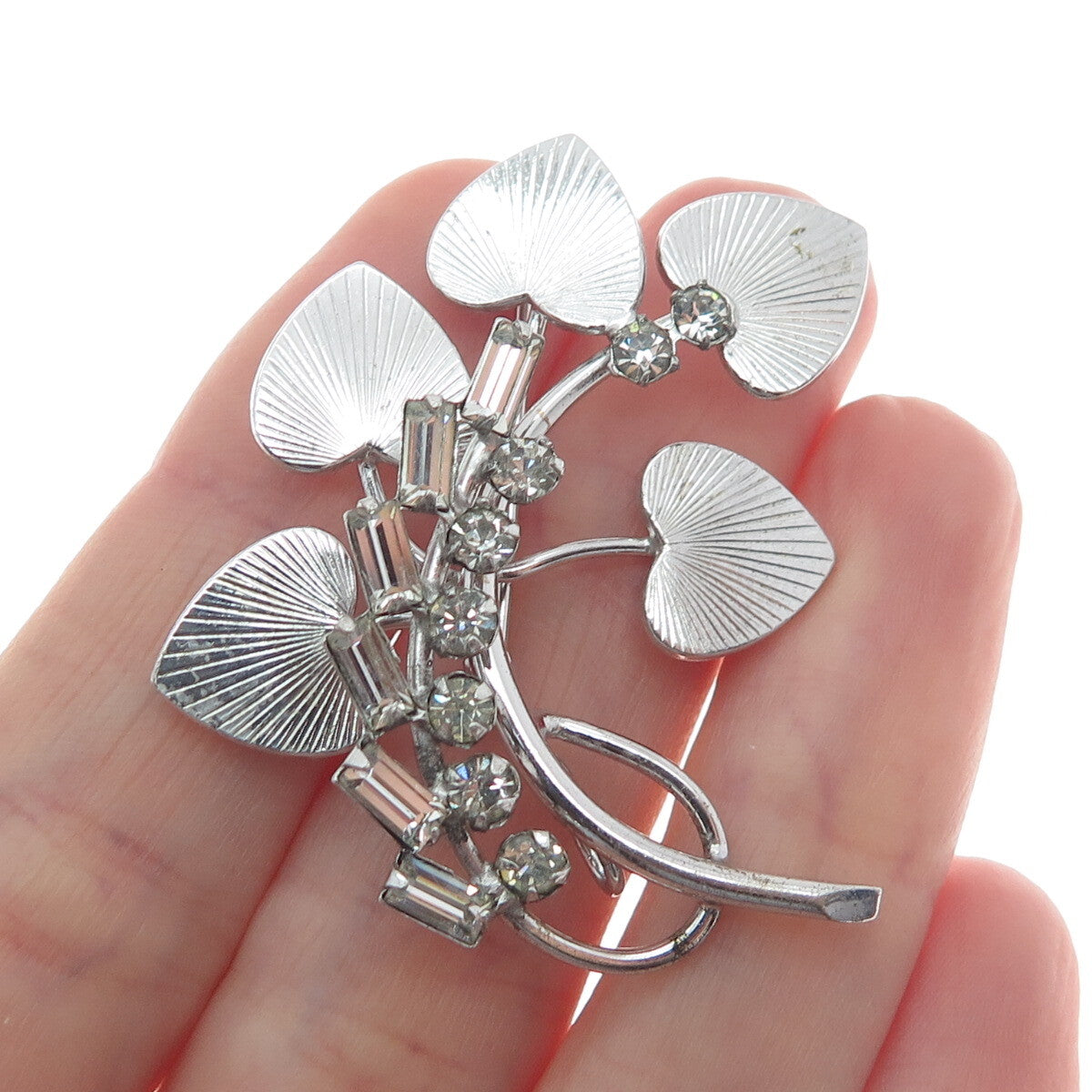 CARL ART 925 Sterling Silver Vintage Rhinestone Twig Leaf Pin Brooch