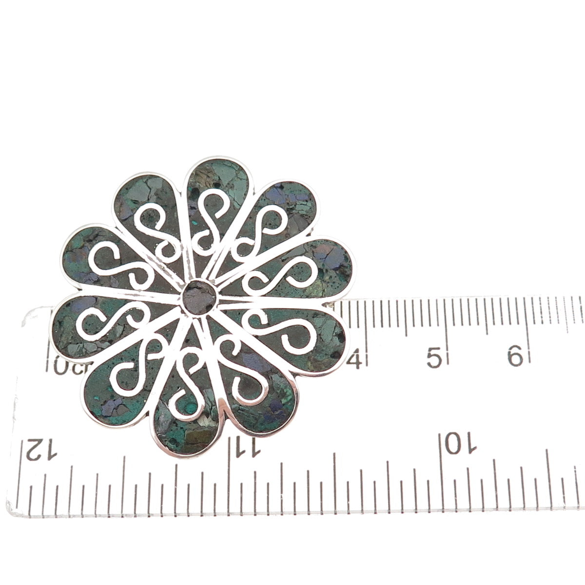 925 Sterling Silver Vintage Mexico Real Azurite Inlay Floral Pin Brooch