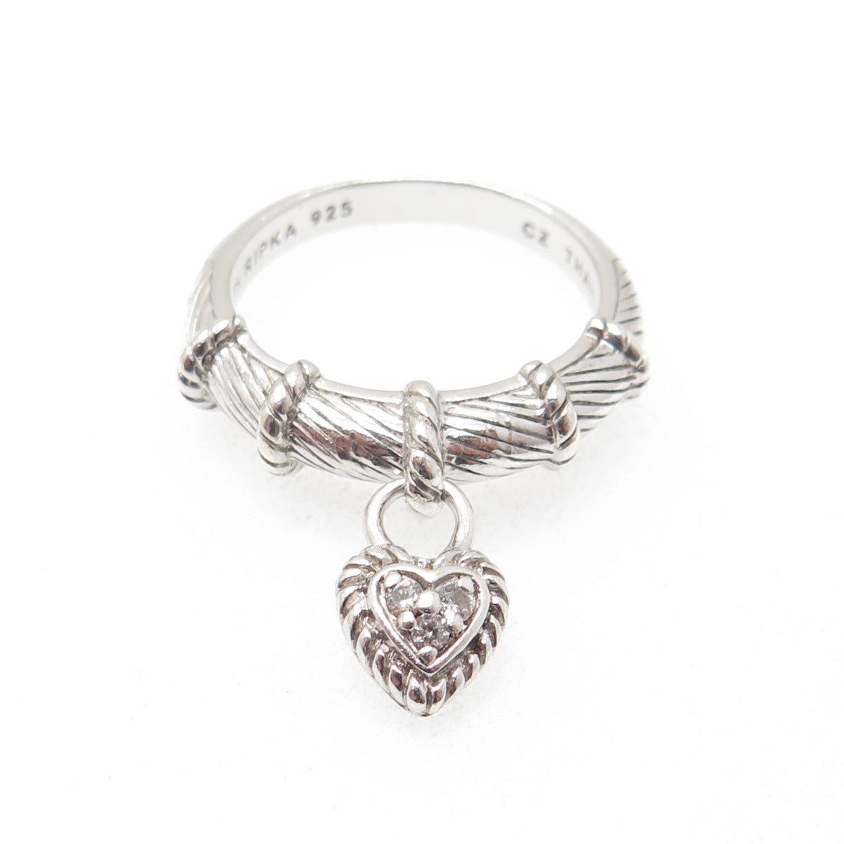 JUDITH RIPKA 925 Sterling Silver Round-Cut C Z Heart Dangle Charm Ring Size 11