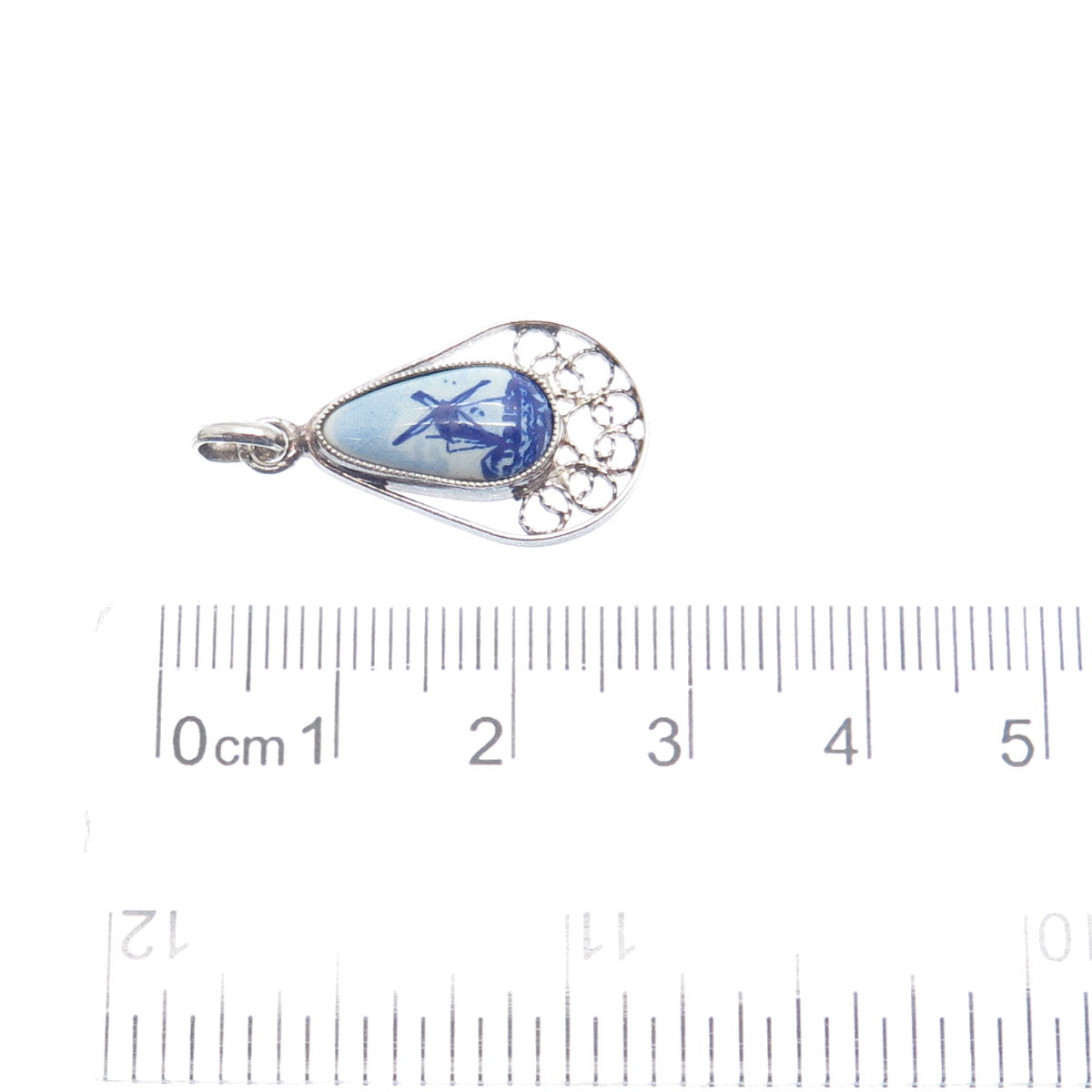 925 Sterling Silver Vintage Ceramic Old Windmill Filigree Teardrop Pendant