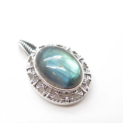 925 Sterling Silver Vintage Real Cabochon Labradorite Gem Swirl Oval Pendant