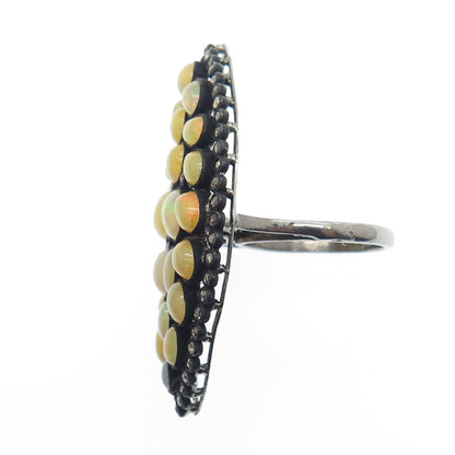 925 Sterling Silver Black Rhodium Real Diamond & Opal Cluster Ring Size 6.75