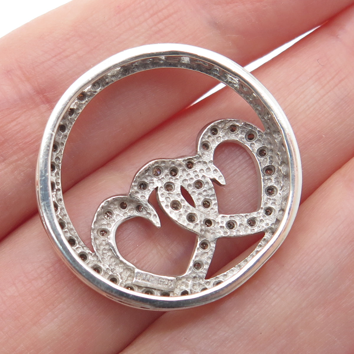 925 Sterling Silver Real Round-Cut Diamond Interlocked Heart Slide Pendant