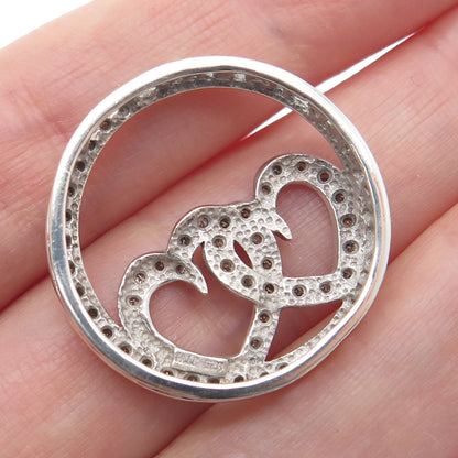 925 Sterling Silver Real Round-Cut Diamond Interlocked Heart Slide Pendant