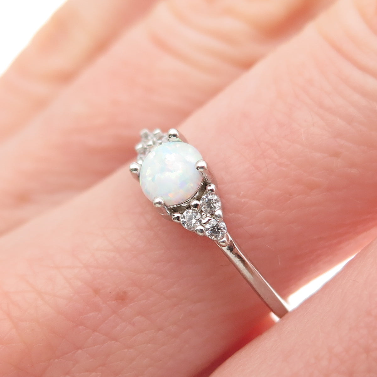 925 Sterling Silver Real Round-Cut Opal & C Z Ring Size 7