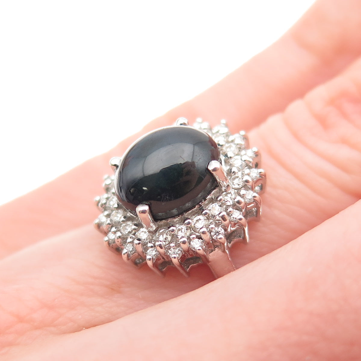 D'JOY 925 Sterling Silver Real Round-Cut Diamond & Sapphire Ring Size 5.25