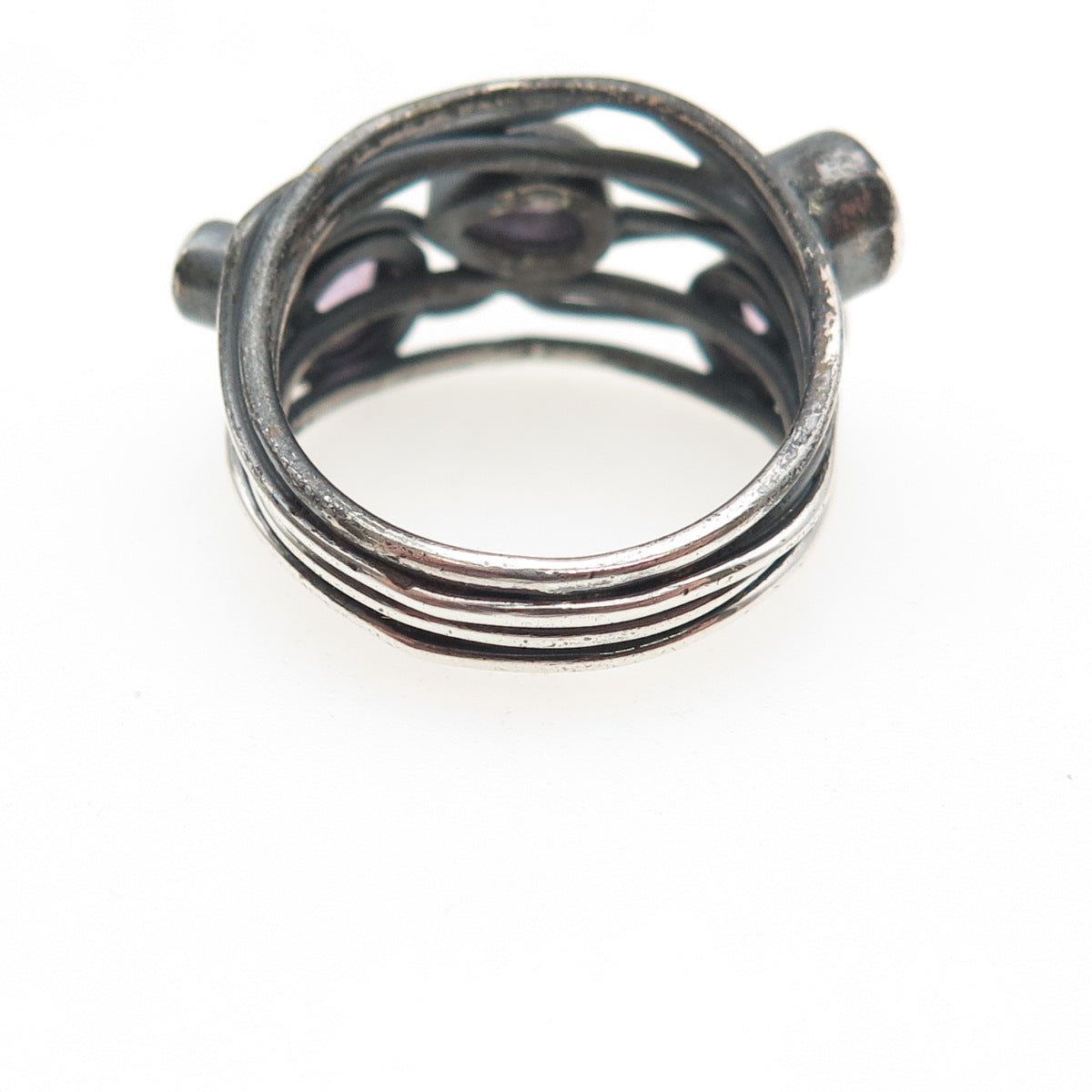 925 Sterling Silver Vintage Real Amethyst Modernist Oxidized Ring Size 7