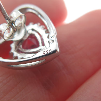 SUN 925 Sterling Silver Real Pink Sapphire Heart Stud Earrings