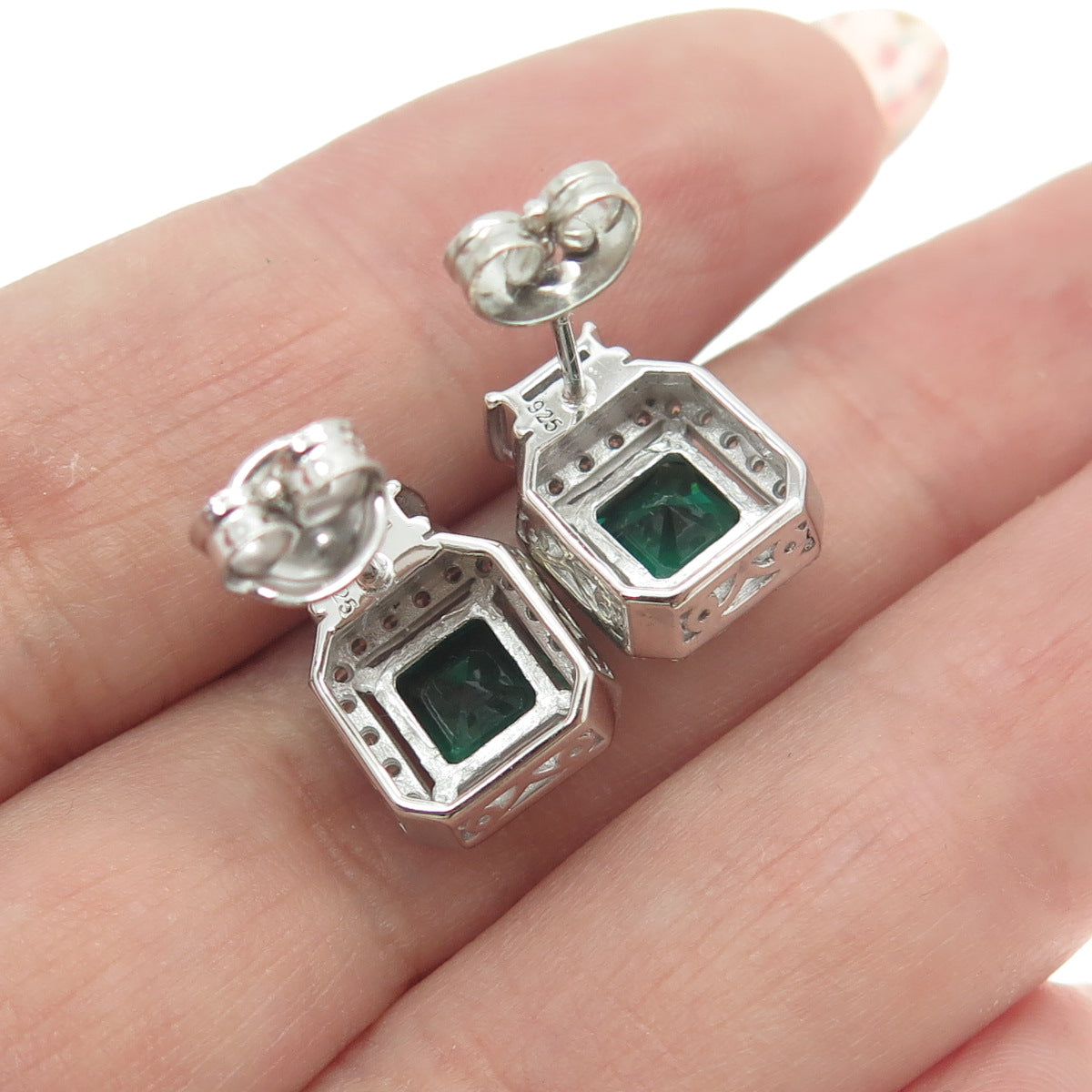925 Sterling Silver Princess-Cut Nano Emerald & Multi-Cut C Z Earrings