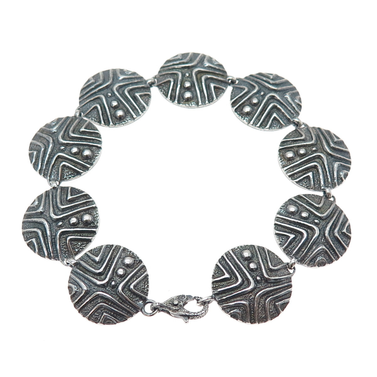 925 Sterling Silver Vintage Modernist Disc Link Oxidized Bracelet 8.25"