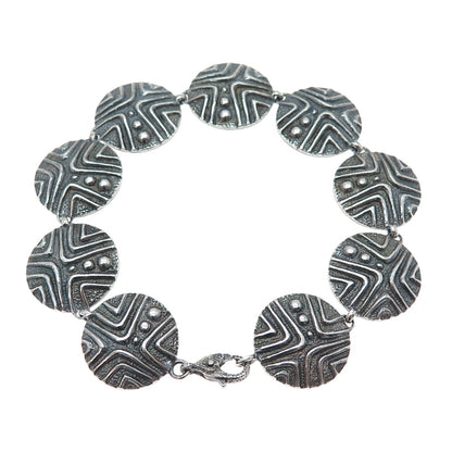 925 Sterling Silver Vintage Modernist Disc Link Oxidized Bracelet 8.25"