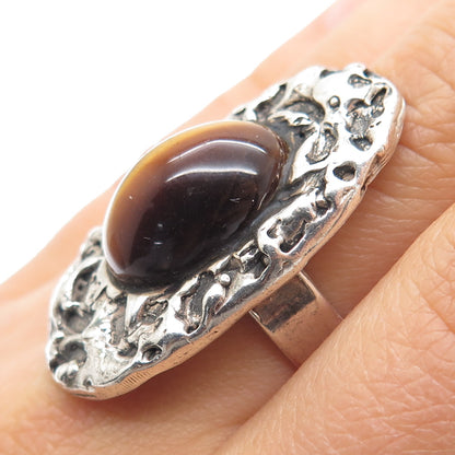 925 Sterling Silver Vintage Real Tiger Eye Modernist Nugget Oxidized Ring Size 8