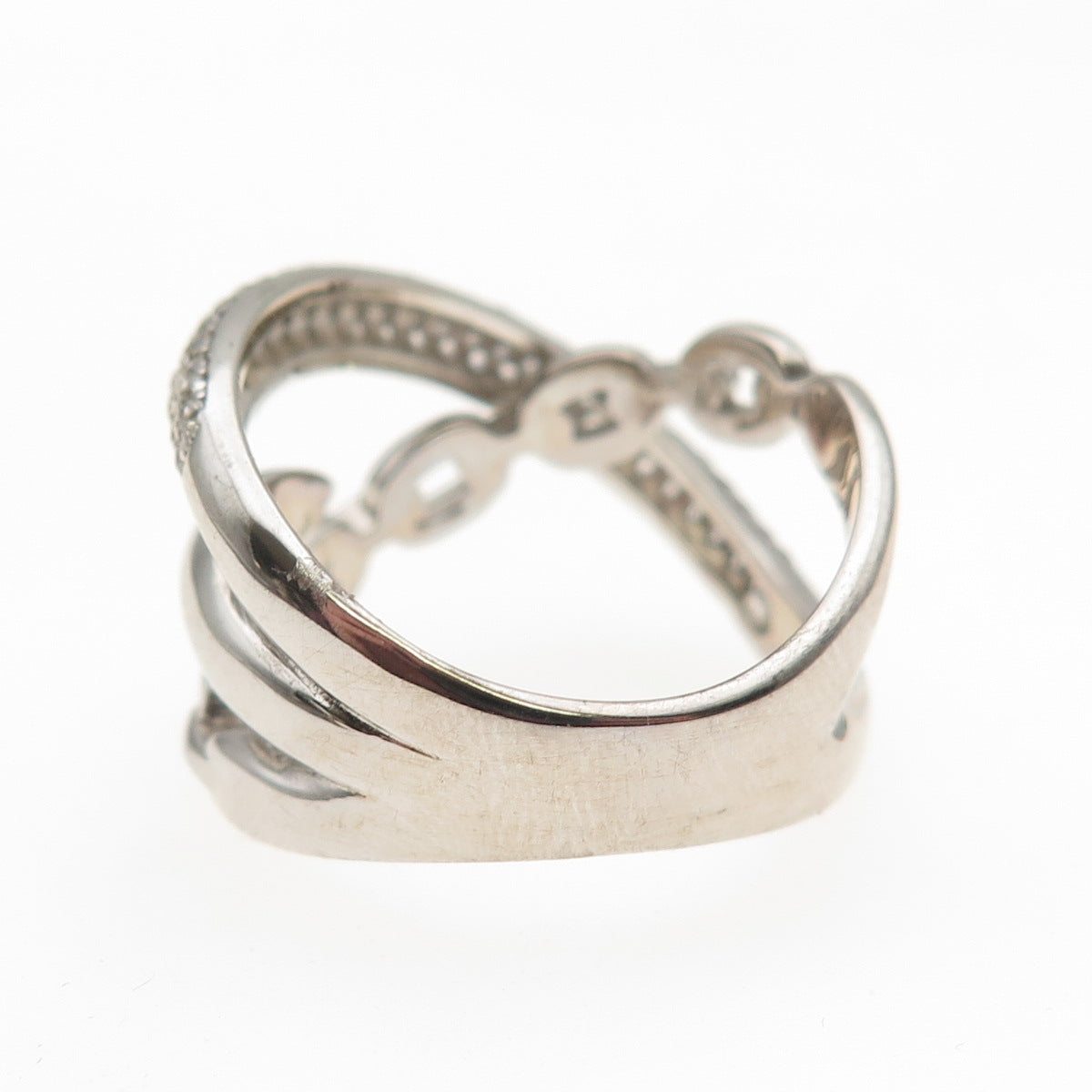 925 Sterling Silver Round-Cut C Z Multi-Link Crossover Ring Size 8.25