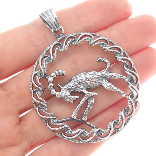 925 Sterling Silver Vintage Capricorn Zodiac Sign Oxidized Pendant