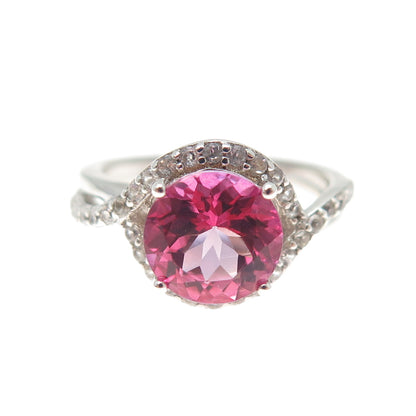 925 Sterling Silver Real Round-Cut White Topaz & Pink C Z Ring Size 5.25