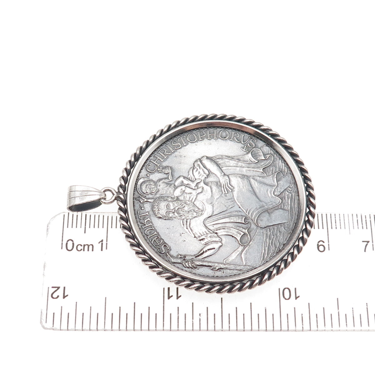 925 Sterling Frame & 1000 Silver Coin Vintage St. Christopher Zodiac Pendant