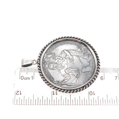 925 Sterling Frame & 1000 Silver Coin Vintage St. Christopher Zodiac Pendant