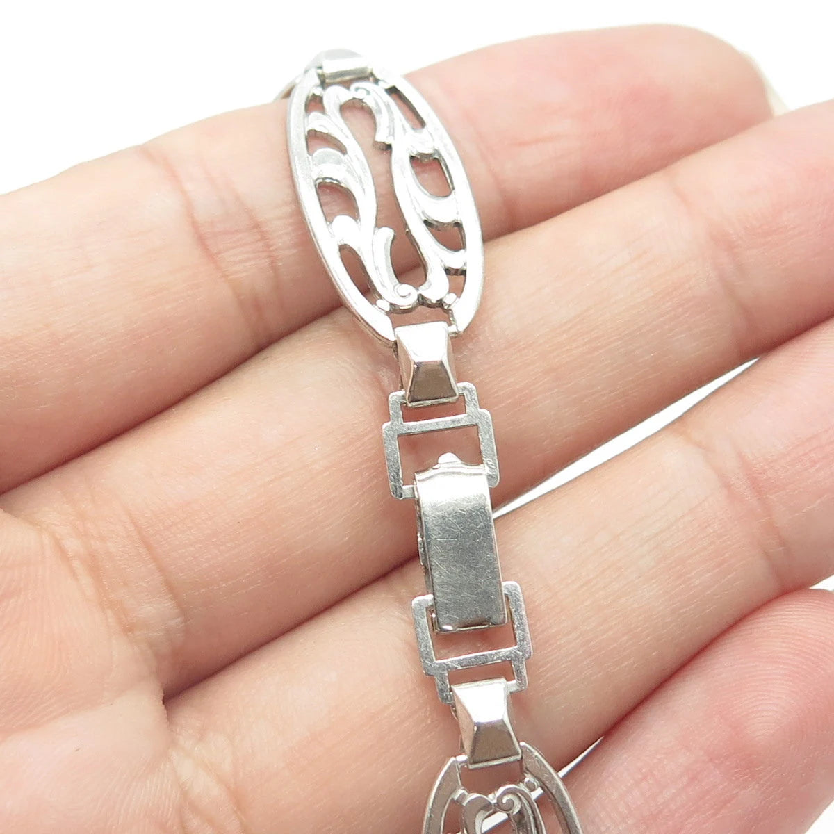 925 Sterling Silver Antique Art Deco Harry S Bick Swirl Panel Link Bracelet 7"