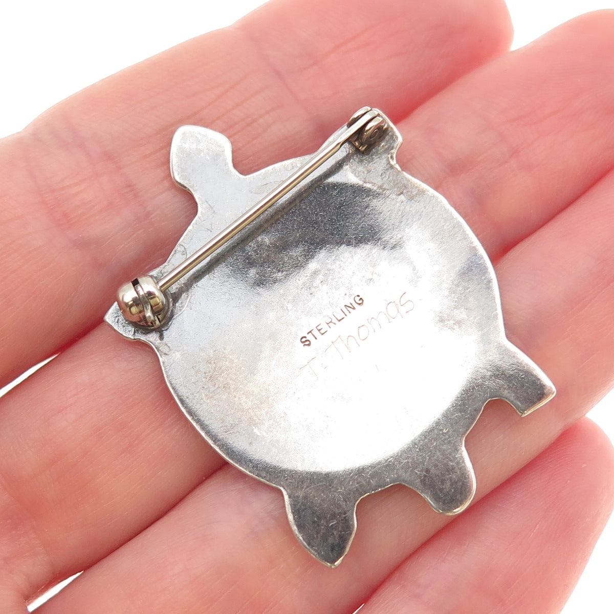T. Thomas Navajo Old Pawn 925 Sterling Silver Vintage Turtle Tribal Pin Brooch