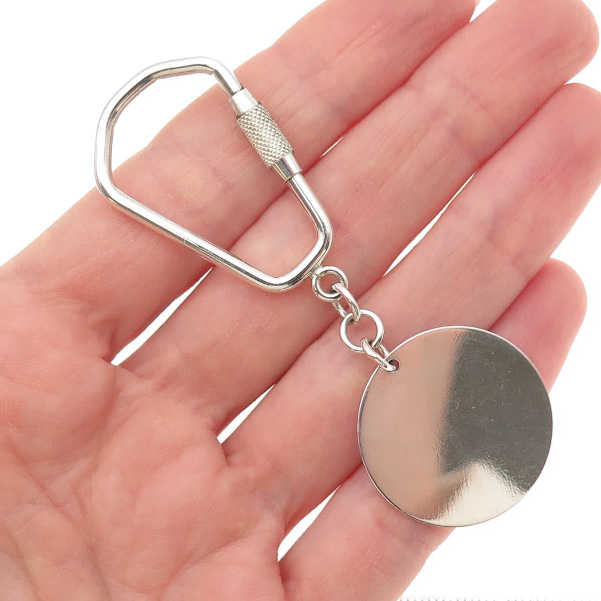 925 Sterling Silver Vintage Round Tag Fob Carabiner Key Ring Holder
