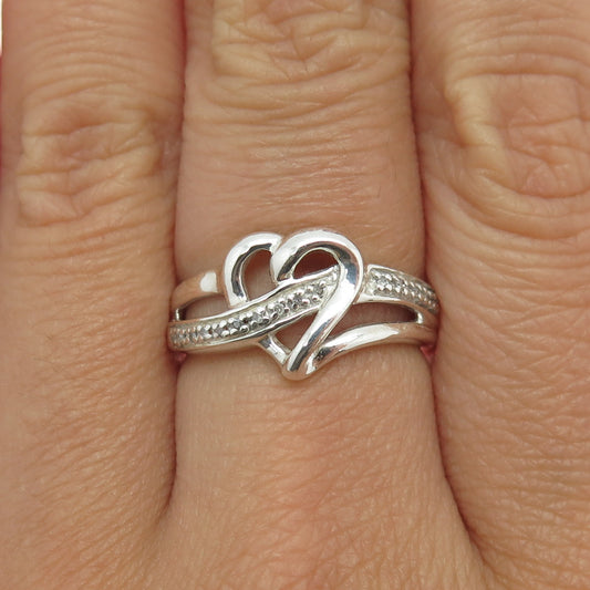 925 Sterling Silver Real Round-Cut Diamond Heart Ring Size 7