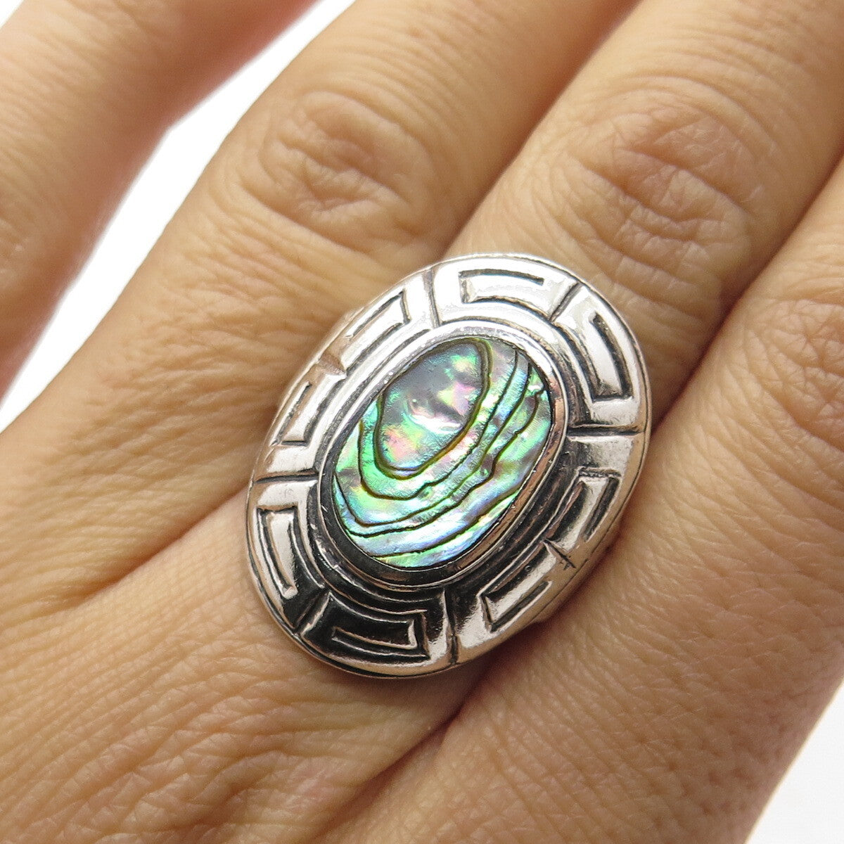 925 Sterling Silver Vintage Real Abalone Shell Greek Maze Ring Size 6.75