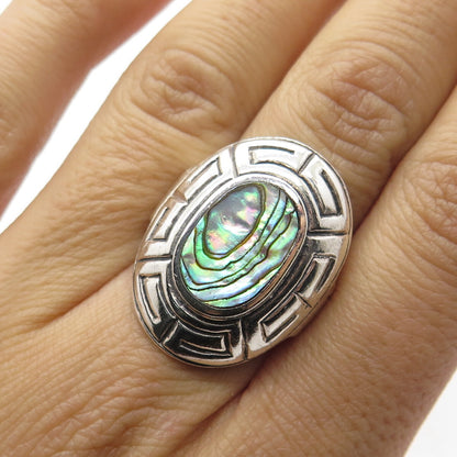 925 Sterling Silver Vintage Real Abalone Shell Greek Maze Ring Size 6.75