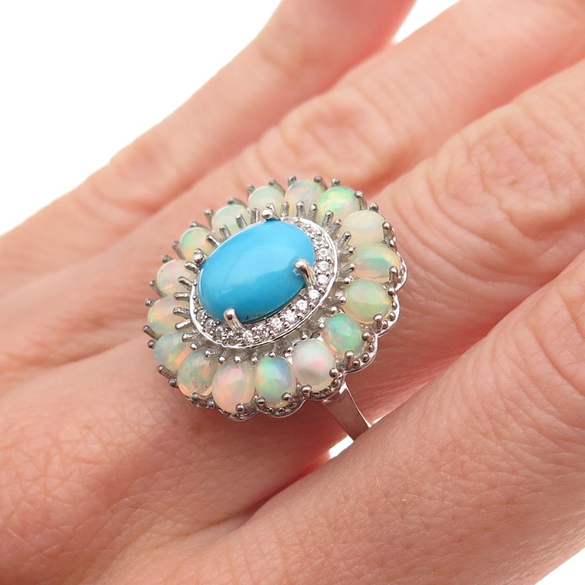 D'Joy 925 Sterling Silver Real Turquoise Opal & White Topaz Ring Size 8