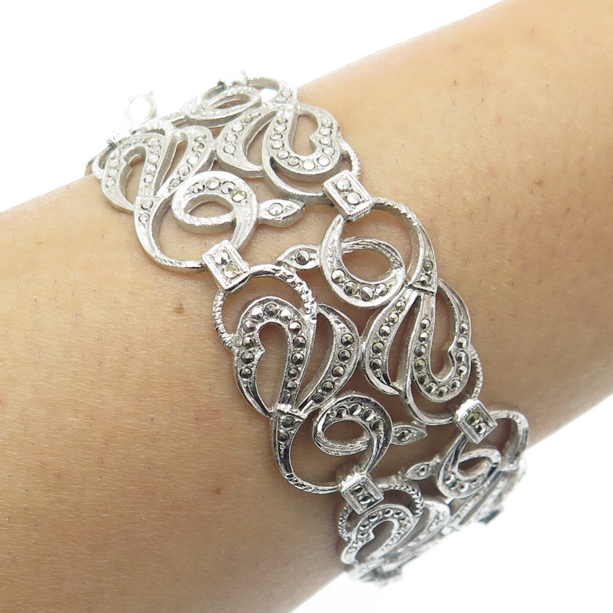 925 Sterling Silver Antique Art Deco Real Marcasite Ornate Bracelet 7.5"
