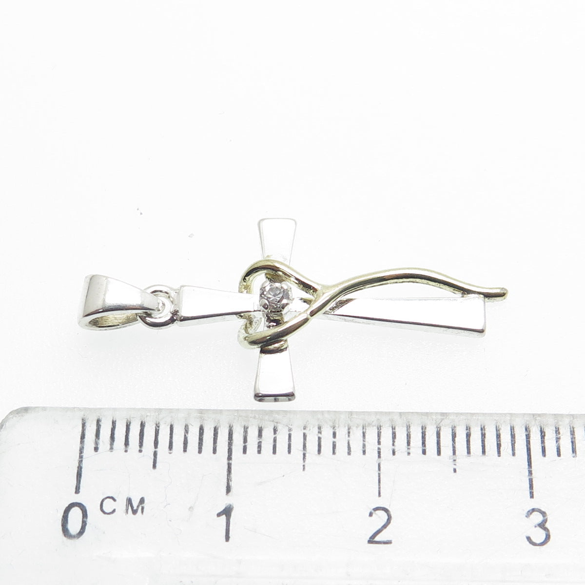925 Sterling Silver 2-Tone Round-Cut C Z Heart Cross Pendant
