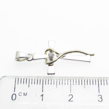 925 Sterling Silver 2-Tone Round-Cut C Z Heart Cross Pendant