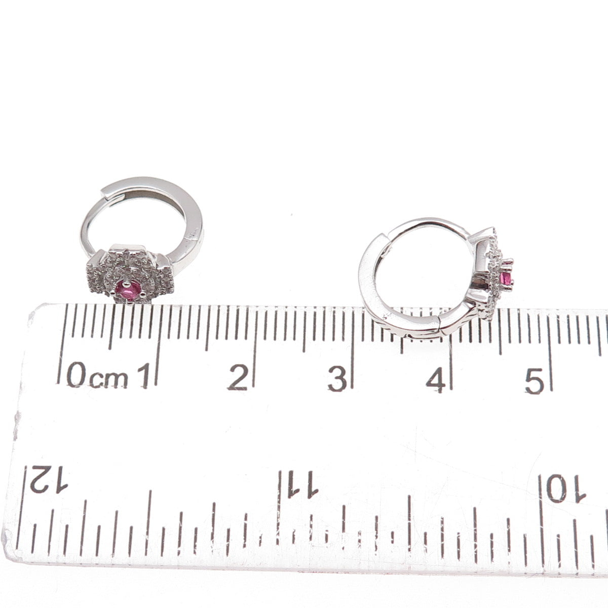 925 Sterling Silver Pink & White C Z Cross Hoop Earrings