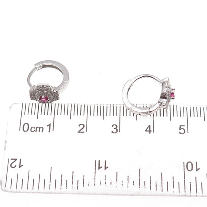 925 Sterling Silver Pink & White C Z Cross Hoop Earrings