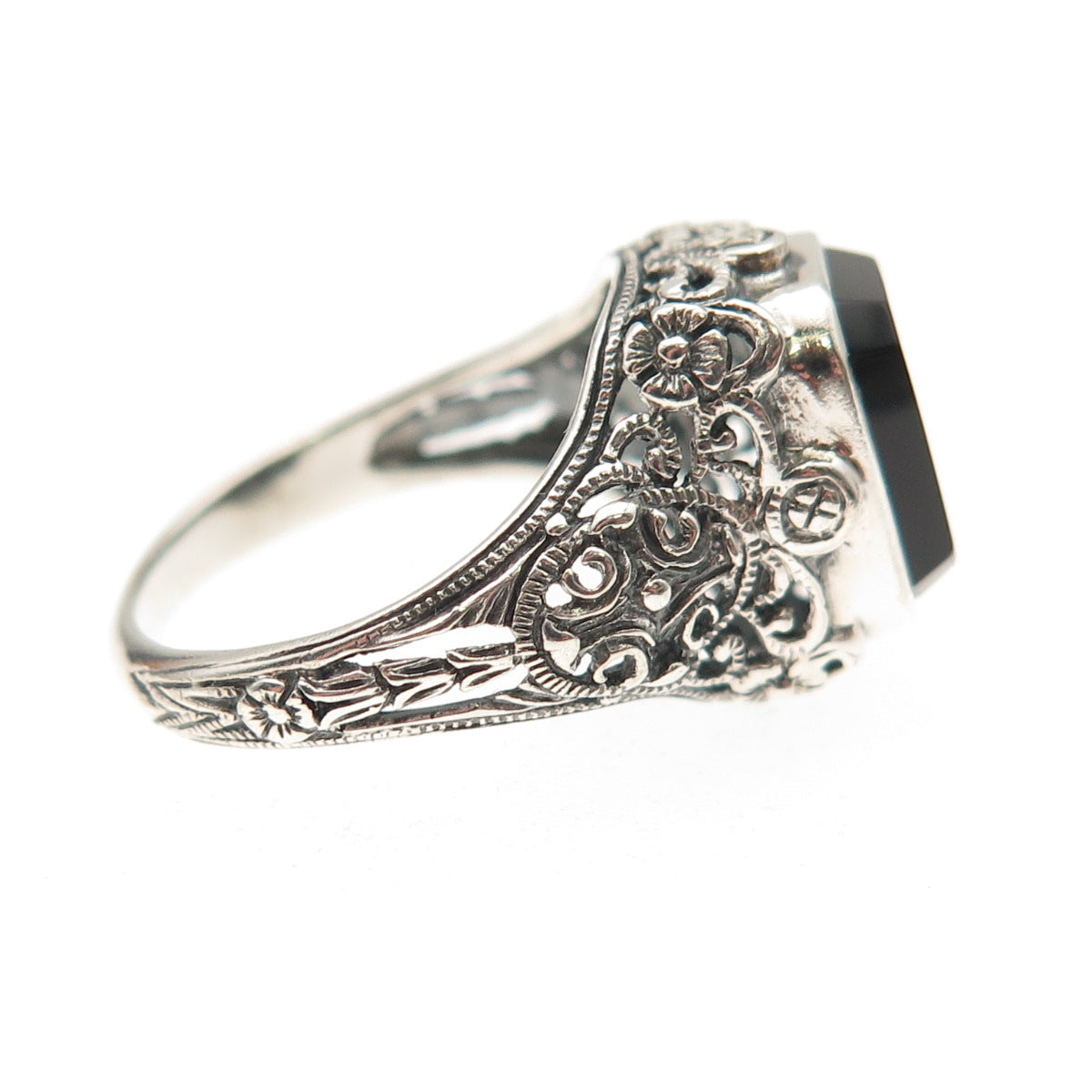 Pranda 925 Sterling Silver Vintage Real Black Onyx Oxidized Ring Size 5.75