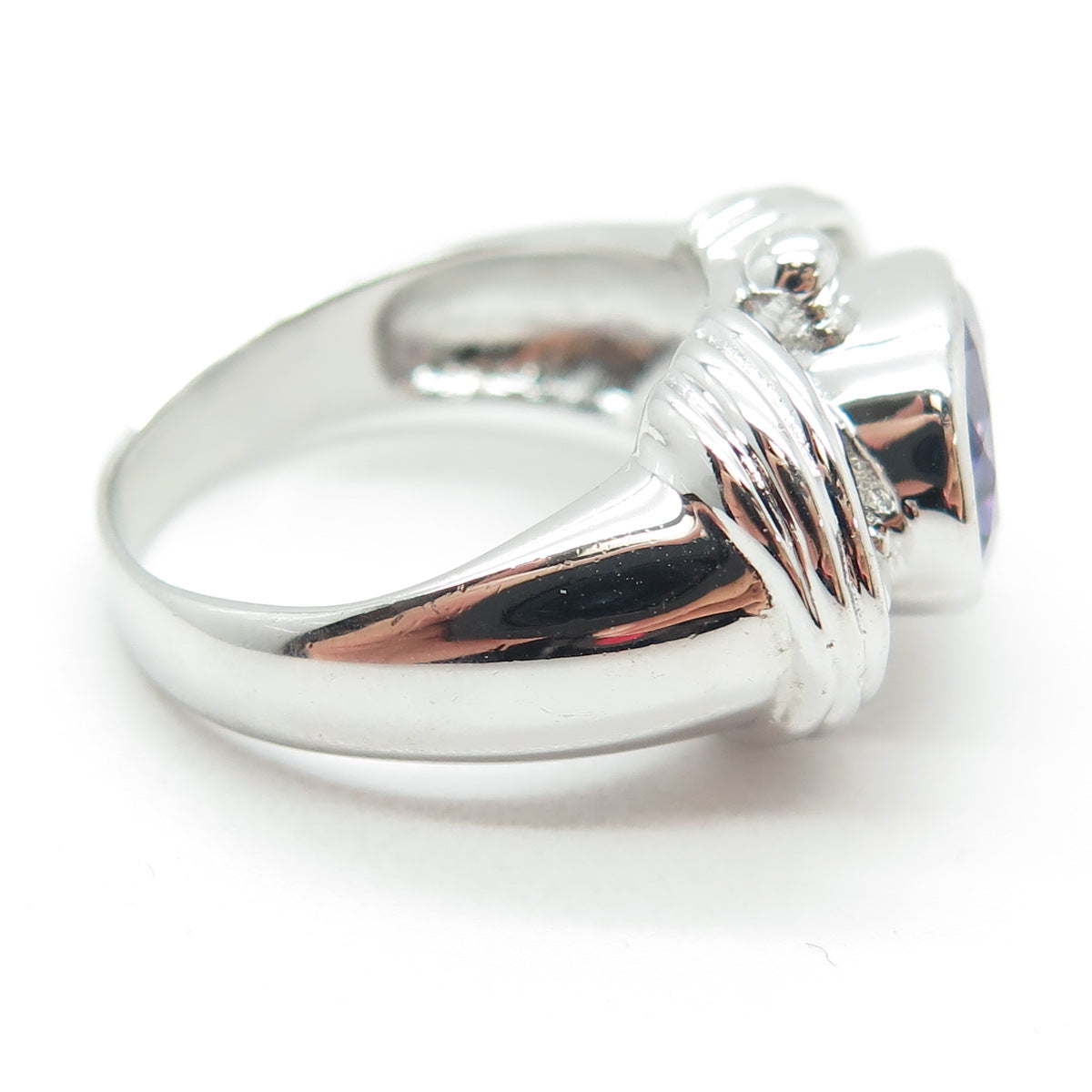 925 Sterling Silver Real Oval-Cut Amethyst Modernist Ring Size 7.75