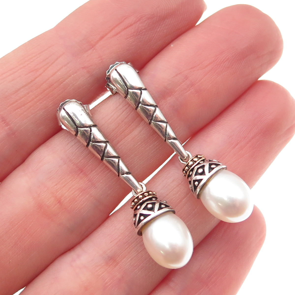 925 Sterling Silver 14K Gold Vintage ATR Real Pearl Modernist Dangle Earrings