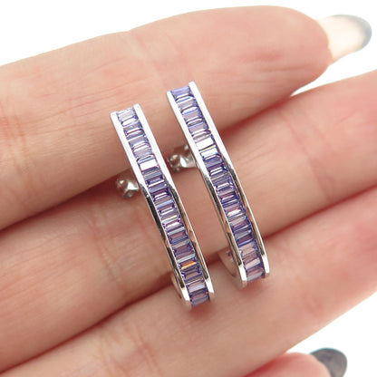 925 Sterling Silver Baguette-Cut Purple C Z Claw Earrings