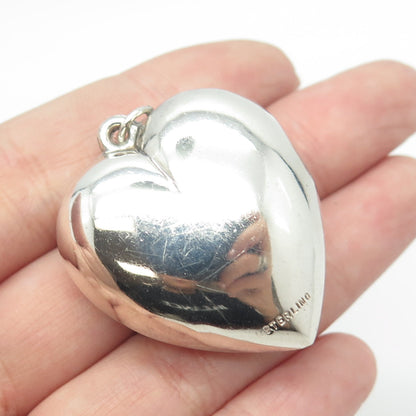 925 Sterling Silver Antique Art Deco Puffy Heart 3D Pendant