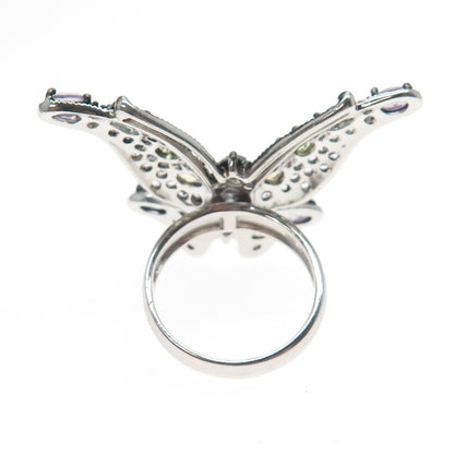 925 Sterling Silver Black Rhodium Real Multi-Color Gem Butterfly Ring Size 6.25