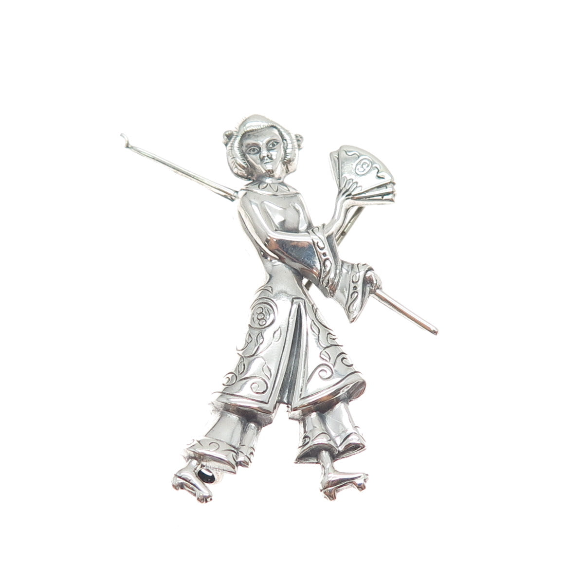 LANG 925 Sterling Silver Antique Art Deco Japanese Geisha Oxidized Pin Brooch