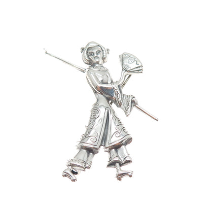 LANG 925 Sterling Silver Antique Art Deco Japanese Geisha Oxidized Pin Brooch