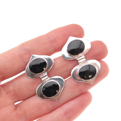 925 Sterling Silver Vintage Real Black Onyx Double Heart Oxidized Earrings
