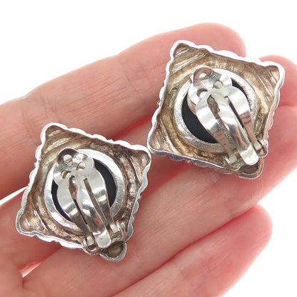 NR NANCY & RISE 925 Sterling Silver Vintage Real Black Onyx Clip On Earrings