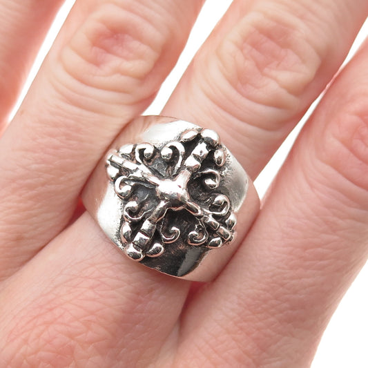 925 Sterling Silver Vintage Fleur de Lis Cross Oxidized Ring Size 11.5