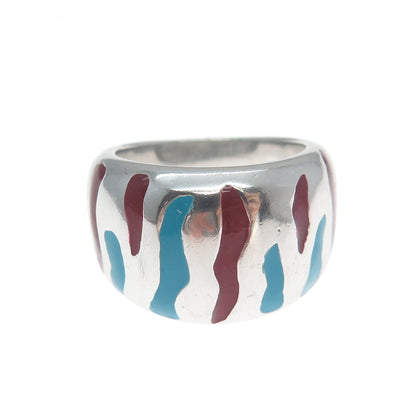925 Sterling Silver Vintage Enamel Animal Pattern Ring Size 6.75
