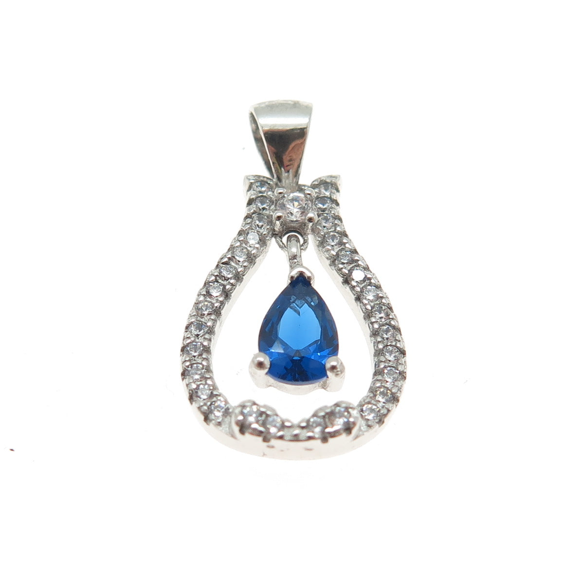 925 Sterling Silver Pear-Cut Lab-Created Sapphire & Round-Cut C Z Mini Pendant