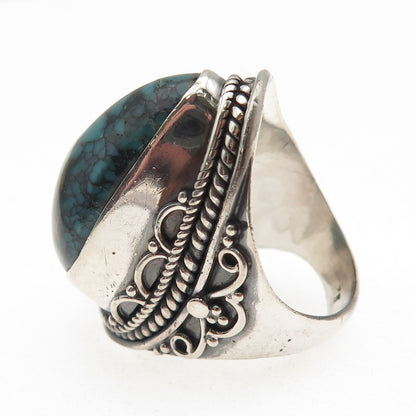 925 Sterling Silver Vintage Real Bisbee Turquoise Oxidized Ring Size 7.75